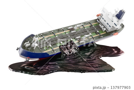 Damaged oil tanker leaking large crude oil spill, marine pollution and environmental disaster concept, 3d rendering Damaged oil tanker leaking large crude oil spill, marine pollution and environmental disaster concept, 3d rendering 137977903
