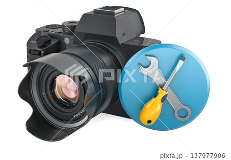 Digital camera with repair tools icon. Camera repair, photography service, maintenance and technical support, concept. 3d rendering 137977906