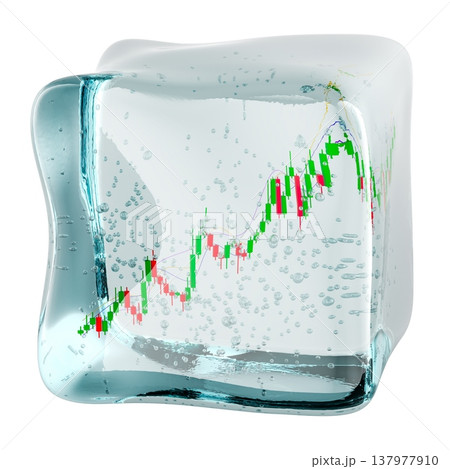 Ice cube enclosing candlestick chart symbolizing frozen assets, market slowdown and cooling growth, 3d rendering Ice cube enclosing candlestick chart symbolizing frozen assets, market slowdown and cooling growth, 3d rendering 137977910