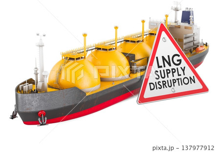 LNG tanker with warning sign LNG supply disruption, Middle East gas supply disruption concept. 3D rendering 137977912