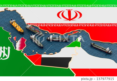 Strait of Hormuz shipping crisis map with tankers and trade routes. Shipping disruption, energy chokepoint risk and Gulf supply shock, 3d rendering Strait of Hormuz shipping crisis map with tankers and trade routes. Shipping disruption, energy chokepoint risk and Gulf supply shock, 3d rendering 137977915