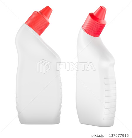 Toilet cleaner bottle front and back view, household disinfectant container. 3D rendering Toilet cleaner bottle front and back view, household disinfectant container. 3D rendering 137977916