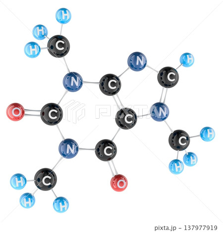 Caffeine molecule ball and stick model chemical structure, 3d rendering 137977919