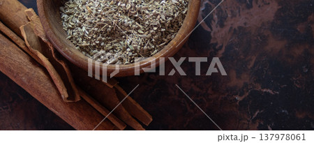 Ingredients and flavours for gourmet biscuits. Copy space. Dark background 137978061