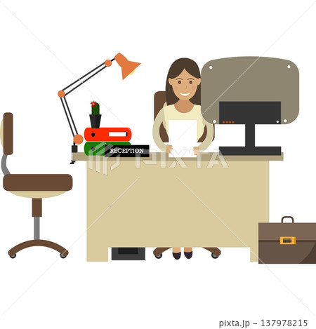 Woman working on computer at reception desk vector icon Woman working on computer at reception desk vector icon 137978215