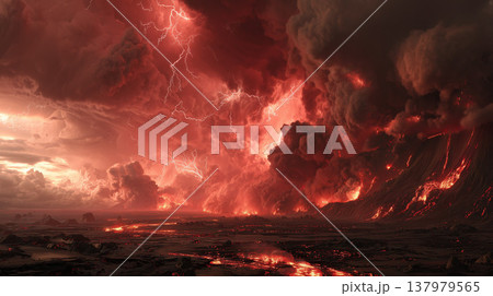 赤く噴き上がる火山噴火と溶岩流が広がる終末的な災害背景素材 137979565