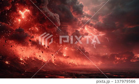 赤く噴き上がる火山噴火と溶岩流が広がる終末的な災害背景素材 赤く噴き上がる火山噴火と溶岩流が広がる終末的な災害背景素材 137979566