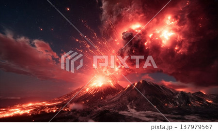 赤く噴き上がる火山噴火と溶岩流が広がる終末的な災害背景素材 赤く噴き上がる火山噴火と溶岩流が広がる終末的な災害背景素材 137979567