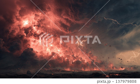 赤く噴き上がる火山噴火と溶岩流が広がる終末的な災害背景素材 137979808