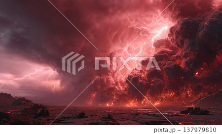 赤く噴き上がる火山噴火と溶岩流が広がる終末的な災害背景素材 137979810