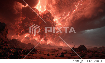 赤く噴き上がる火山噴火と溶岩流が広がる終末的な災害背景素材 赤く噴き上がる火山噴火と溶岩流が広がる終末的な災害背景素材 137979811