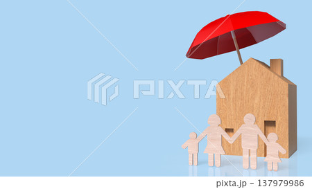 Home And Family Protection Concept With Red Umbrella 3d render. Home And Family Protection Concept With Red Umbrella 3d render. 137979986