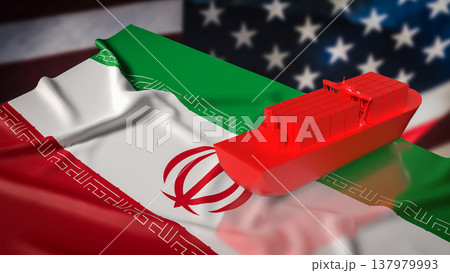 Red Cargo Container Ship Over Iran And United States Flags Trade Concept 3d render. 137979993