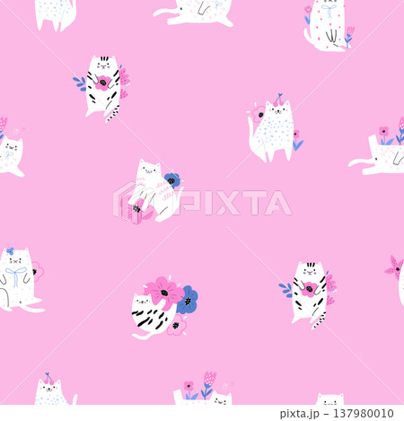 Cute cats with flowers seamless pattern for textile and decoration 137980010