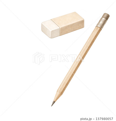 鉛筆と消しゴムのシンプル素材 白背景 学習文房具アイコン ビジネス教育イメージ 137980057