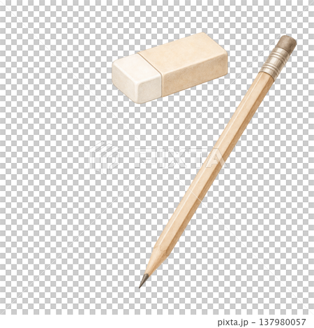 鉛筆と消しゴムのシンプル素材 白背景 学習文房具アイコン ビジネス教育イメージ 137980057
