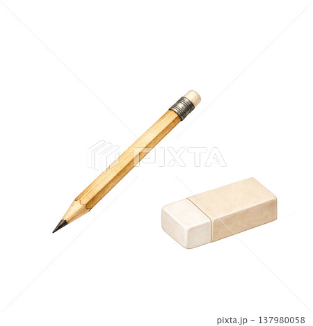 鉛筆と消しゴムのシンプル素材 白背景 学習文房具アイコン ビジネス教育イメージ 137980058