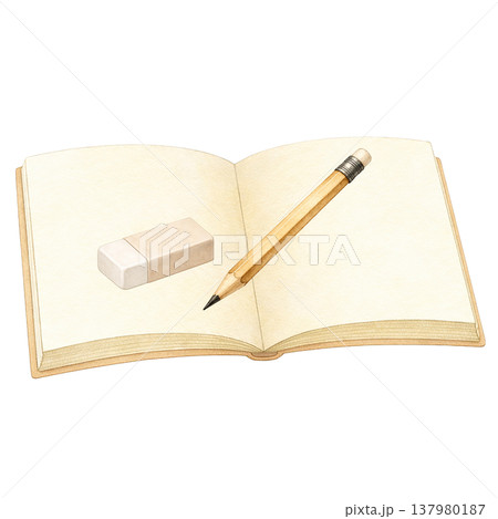 開いたノートと鉛筆と消しゴムのシンプル素材 白背景 学習文房具セット ビジネス教育イメージ 137980187