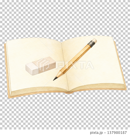 開いたノートと鉛筆と消しゴムのシンプル素材 白背景 学習文房具セット ビジネス教育イメージ 137980187