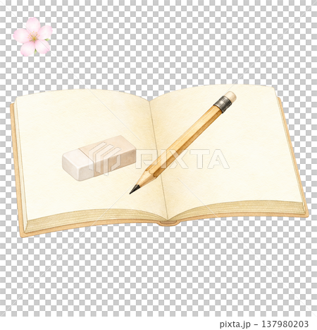 簡潔的設計，包含打開的筆記本、鉛筆、橡皮擦和櫻花；春季學習文具；白色背景；教育圖片。 137980203