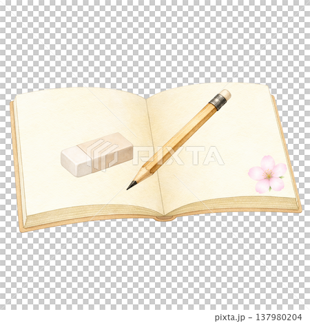 簡潔的設計，包含打開的筆記本、鉛筆、橡皮擦和櫻花；春季學習文具；白色背景；教育圖片。 137980204