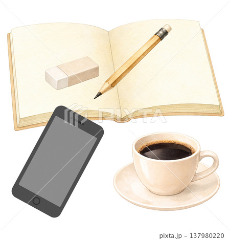 開いたノートと鉛筆と消しゴムとスマホとコーヒーのシンプル素材 作業環境 白背景 学習ビジネスイメージ 開いたノートと鉛筆と消しゴムとスマホとコーヒーのシンプル素材 作業環境 白背景 学習ビジネスイメージ 137980220