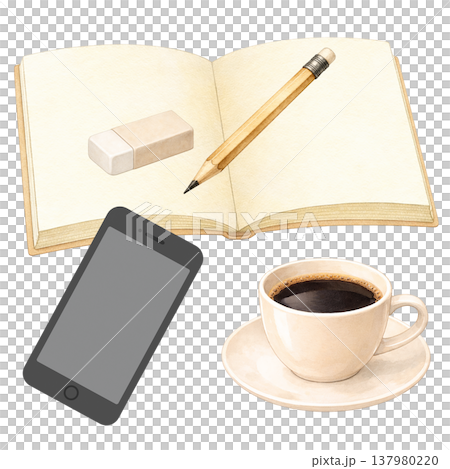 開いたノートと鉛筆と消しゴムとスマホとコーヒーのシンプル素材 作業環境 白背景 学習ビジネスイメージ 開いたノートと鉛筆と消しゴムとスマホとコーヒーのシンプル素材 作業環境 白背景 学習ビジネスイメージ 137980220