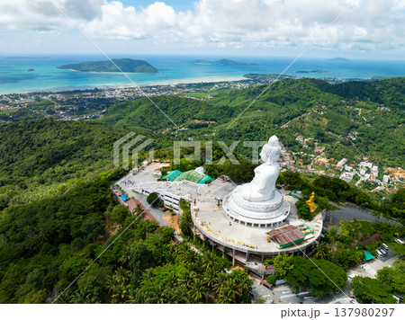 Aerial View drone shot of Big Buddha Statue on the high mountain at Phuket thailand 137980297