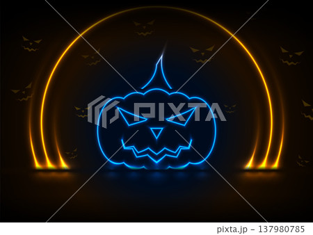 Blue neon Halloween pumpkin and orange laser rings abstract holiday background Blue neon Halloween pumpkin and orange laser rings abstract holiday background 137980785