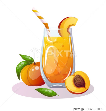 Vector image of glass of peach juice with fresh fruit Vector image of glass of peach juice with fresh fruit 137981095