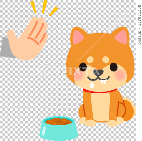A Shiba Inu sitting in front of a bowl of food, drooling, and an open palm. 137981338