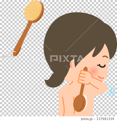 A woman scrubbing her back with a body brush. 137981339