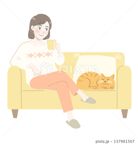 ソファに座ってリラックスする女性と猫のイラスト ソファに座ってリラックスする女性と猫のイラスト 137981507