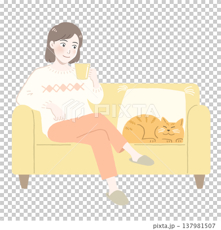 ソファに座ってリラックスする女性と猫のイラスト ソファに座ってリラックスする女性と猫のイラスト 137981507