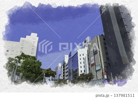 水彩画風 福岡 博多駅筑紫口 駅前 福岡県福岡市 水彩画風 福岡 博多駅筑紫口 駅前 福岡県福岡市 137981511