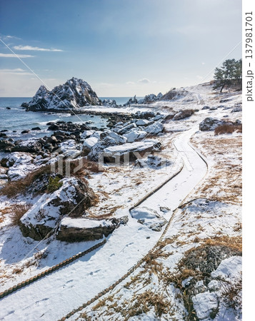 「青森県」雪景色の中須賀・種差海岸　八戸市 137981701