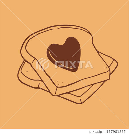 Two hand drawn bread slices with a heart shaped jam decoration on the top piece. Red line art vector illustration of a sweet snack for breakfast menu and romantic food design 137981835