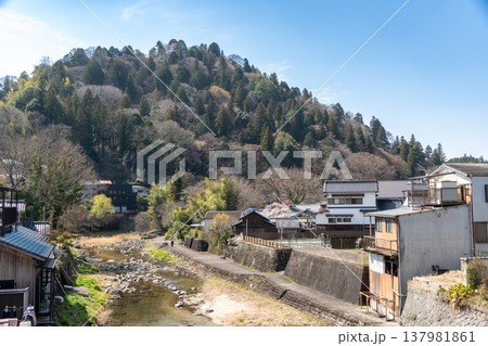 足助町の街並みを流れる川を橋から望む風景 足助町の街並みを流れる川を橋から望む風景 137981861