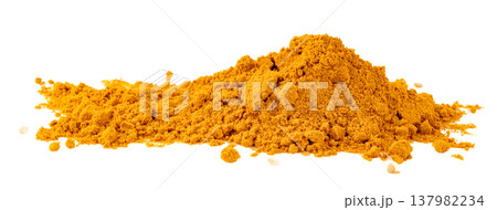 A pile of bright yellow turmeric powder isolated. Ground organic curcuma spice used in cooking and herbal medicine. culinary ingredient and food spice. A pile of bright yellow turmeric powder isolated. Ground organic curcuma spice used in cooking and herbal medicine. culinary ingredient and food spice. 137982234