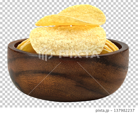 Delicious crispy potato chips presented in a dark round wooden bowl. Savory snack food perfect for parties and appetizers. High quality close up studio food photography. Delicious crispy potato chips presented in a dark round wooden bowl. Savory snack food perfect for parties and appetizers. High quality close up studio food photography. 137982237