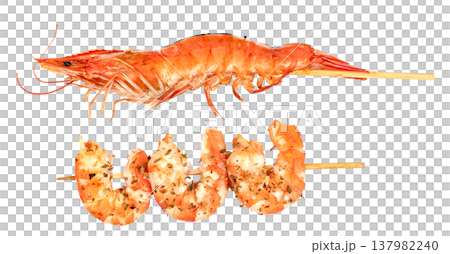 Two grilled shrimp skewers isolated. One skewer features a whole large prawn, while the other holds peeled seasoned shrimp tails. Fresh seafood concept for food photography. Two grilled shrimp skewers isolated. One skewer features a whole large prawn, while the other holds peeled seasoned shrimp tails. Fresh seafood concept for food photography. 137982240