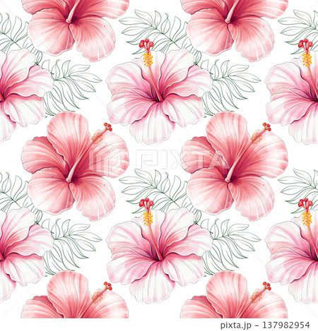 Tropical hibiscus seamless repeat pattern with palm leaves watercolor background, flower ornament for fabric Tropical hibiscus seamless repeat pattern with palm leaves watercolor background, flower ornament for fabric 137982954
