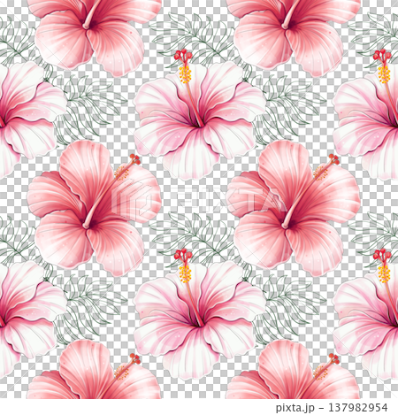 Tropical hibiscus seamless repeat pattern with palm leaves watercolor background, flower ornament for fabric Tropical hibiscus seamless repeat pattern with palm leaves watercolor background, flower ornament for fabric 137982954