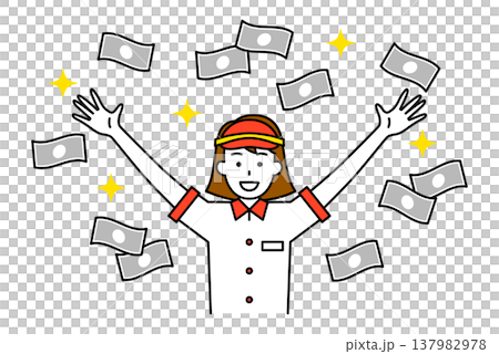 快餐店裡，一名女員工看到鈔票漫天飛舞，歡呼雀躍。 137982978