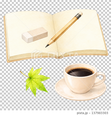 簡單的元素：一本打開的筆記本、一支鉛筆、一杯咖啡和新鮮的綠葉。辦公桌，白色背景，自然畫面。 137983303