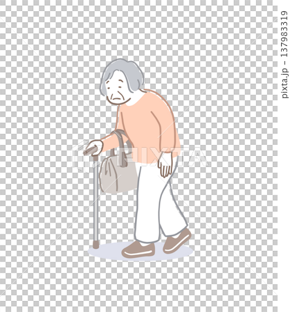杖をついて歩く腰が曲がったおばあちゃんのイラスト素材 137983319
