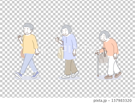 高齢女性の歩き方の姿勢比較イラストセット 137983320