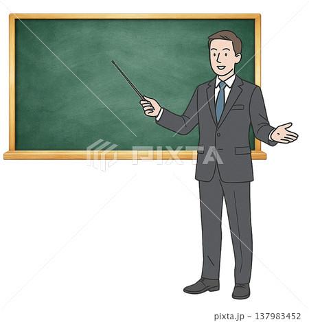 黒板で説明するビジネス男性のシンプル素材 プレゼンテーションイメージ 白背景 137983452