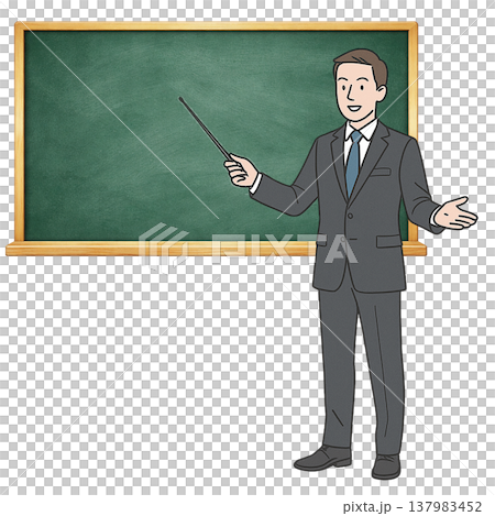 黒板で説明するビジネス男性のシンプル素材 プレゼンテーションイメージ 白背景 137983452