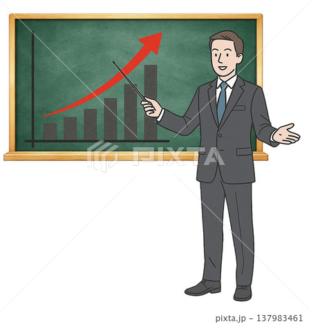 成長グラフを説明するビジネス男性のシンプル素材 売上向上イメージ 白背景 137983461